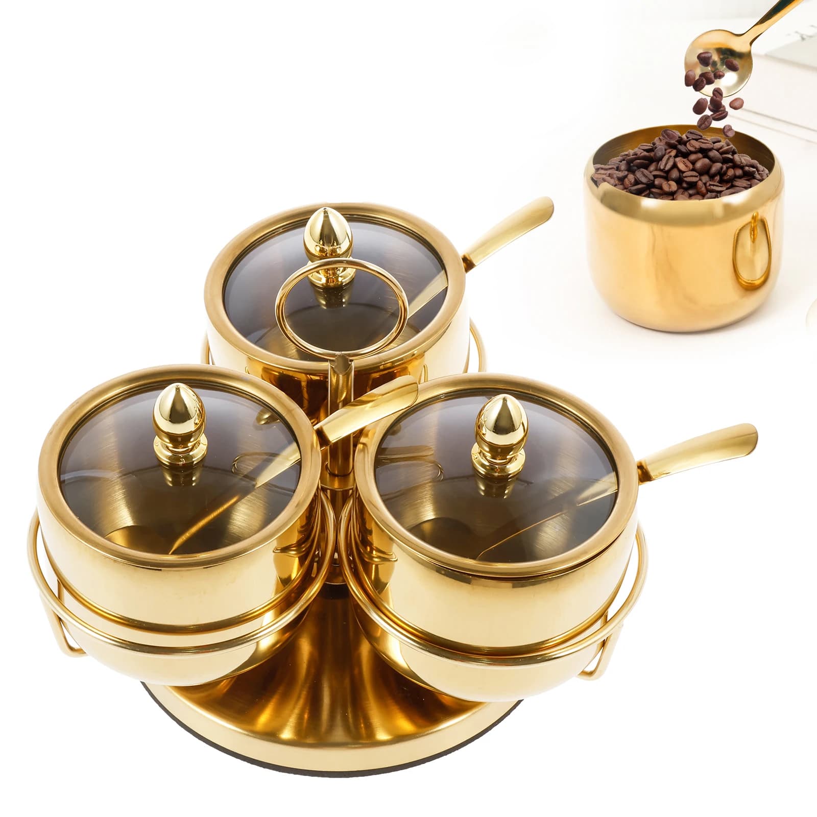 Set di zuccherini in acciaio inossidabile con supporto per cucchiaio con coperchio per servire zucchero, pepe, sale, spezie, piccoli contenitori per condimenti, utensili da cucina