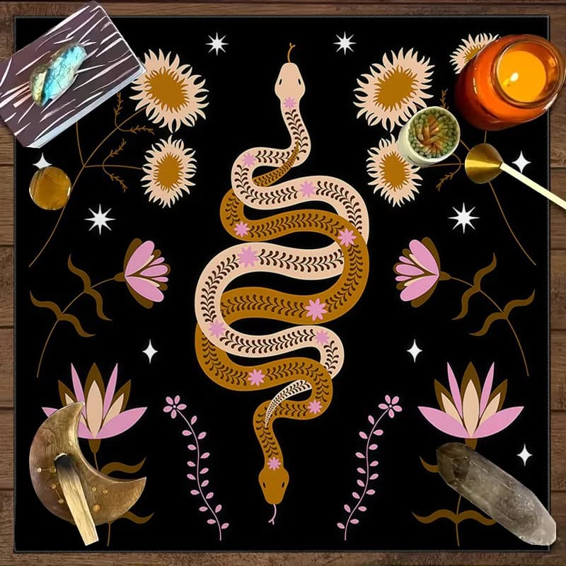 Tappeto da Tavolo per Tarocchi con Serpente a Coda di Fiore Rosa Dorato, Palla di Cristallo, Propizia Previsioni, Telo per Altare, Energia di Rigenerazione, Tappetino per Divinazione