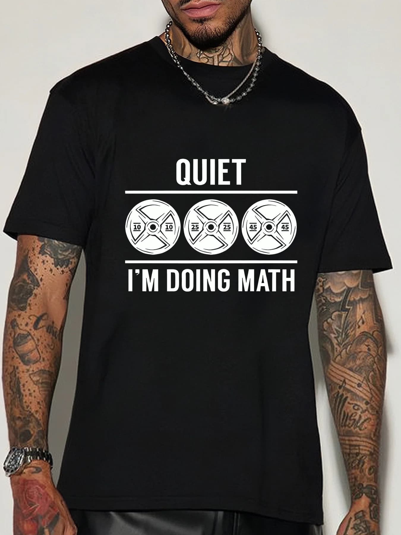 Gym Fitness Mens Crew Neck Cotton T Shirt Weight Plate Quiet I Am Doing Math Slogan Print Short Sleeve Training Casual Top