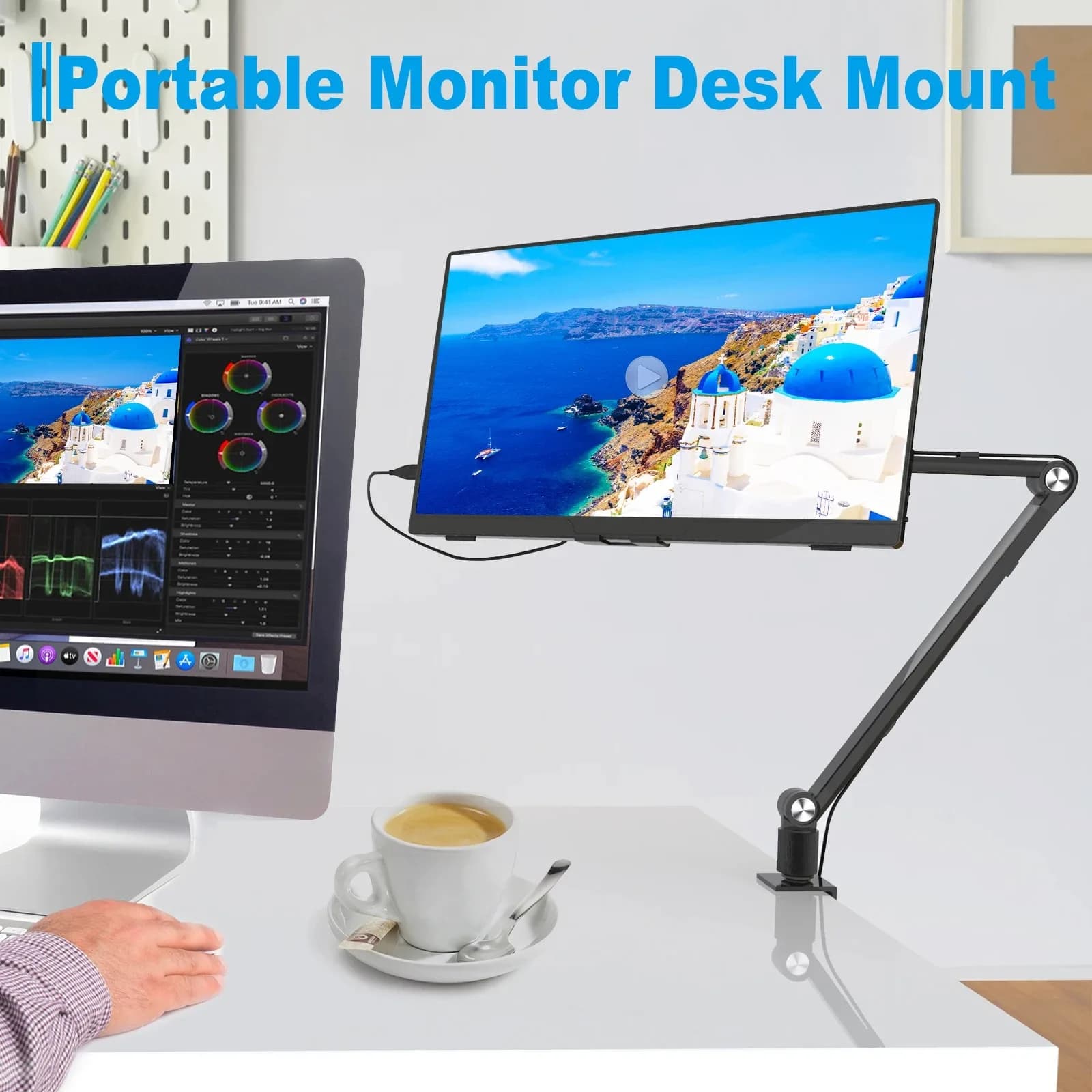 2025 tablet support for iPad, 15.6''' 16''' portable monitor table support, long aluminium arm with rotation
