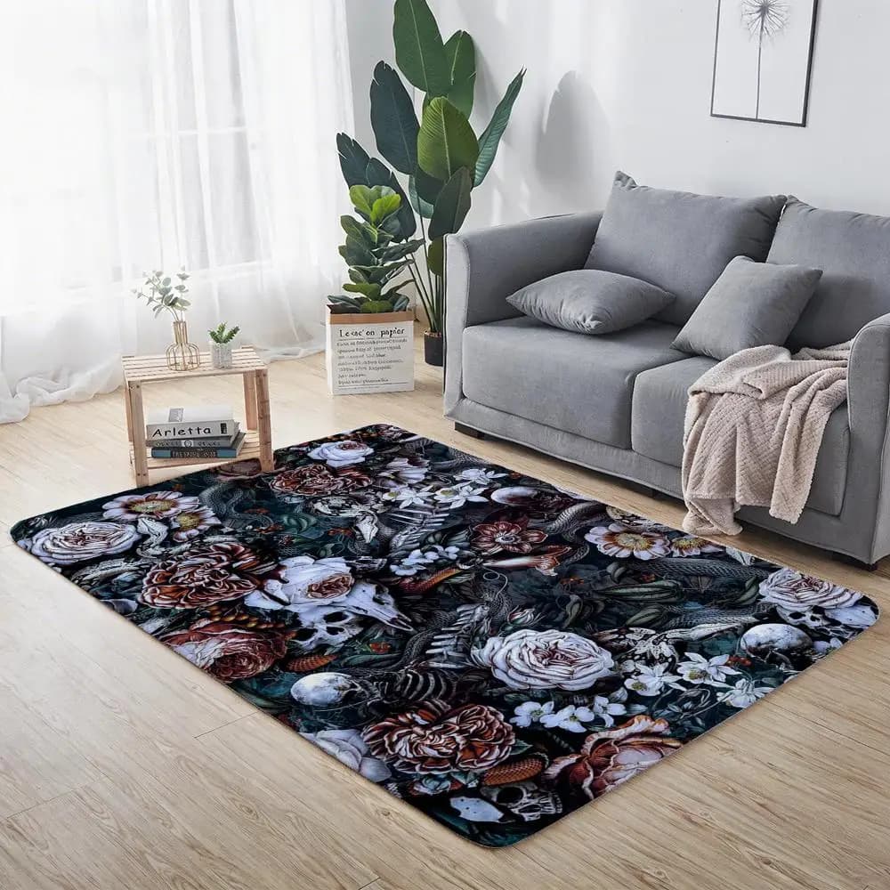 Floor Mat Model B-Black FloralS, Eco-Flanella Zerbino Anti-slip and Odorless, Soft Pelo Corto Carpet for Interior