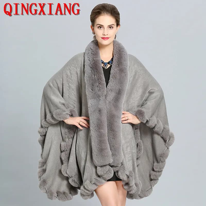 10 colori donna inverno scialle String Faux Fox Fur collo grande allentato Poncho mantelle grande pendolo Cardigan cappotto lungo spesso mantello caldo