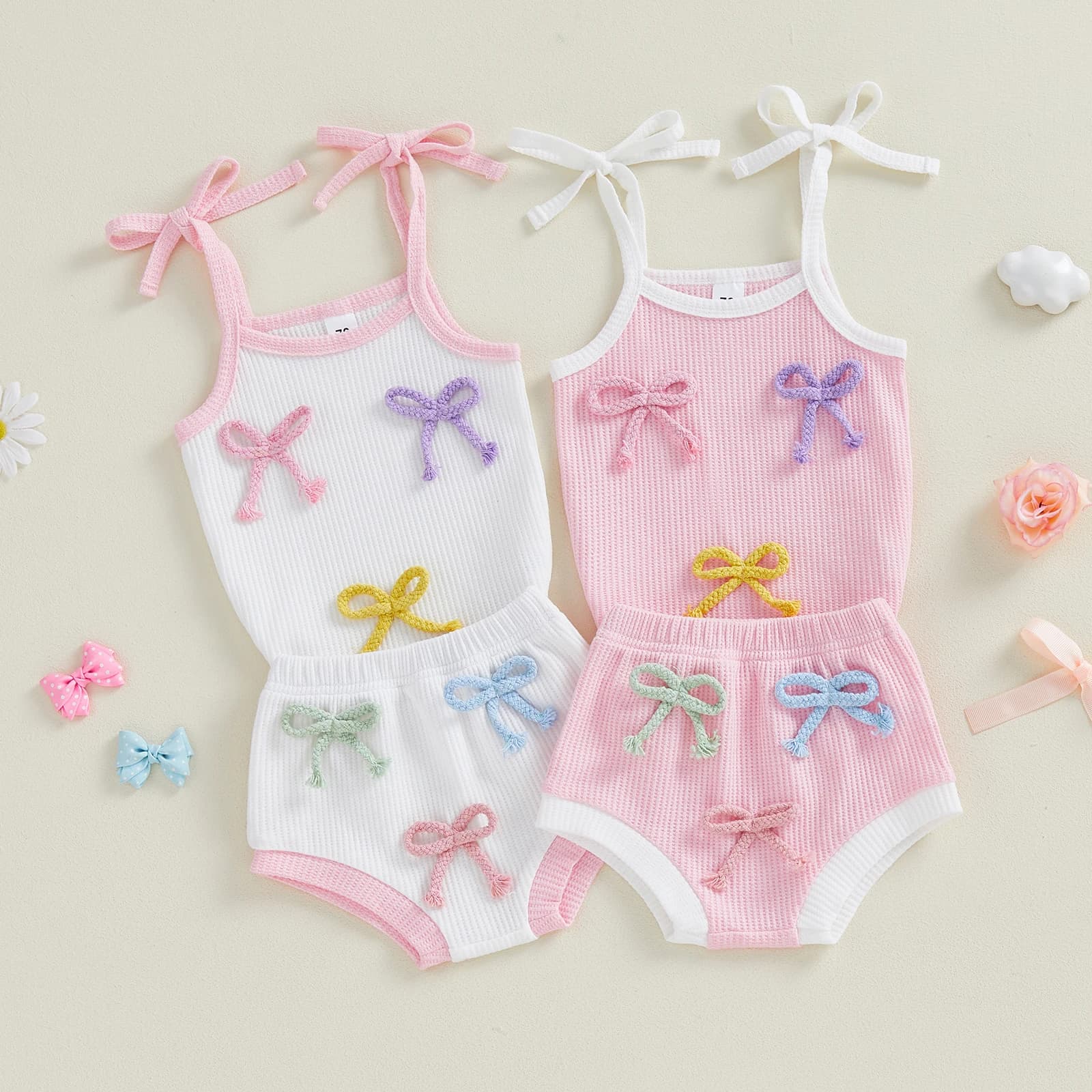 Estate neonate 3 pezzi vestiti di cotone set neonato senza maniche cravatta cinturino pagliaccetto fiocco pantaloncini fascia set abbigliamento casual infantile