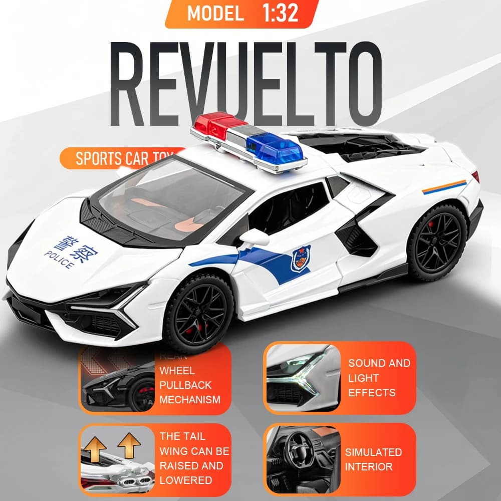 Modellino Auto Sportiva 1:32 Revuelto SVJ63 in Lega Pressofusa con Suoni, Luci e Porte Apribili, Funzione Pull-Back, Auto della Polizia, Giocattolo Educativo per Bambini