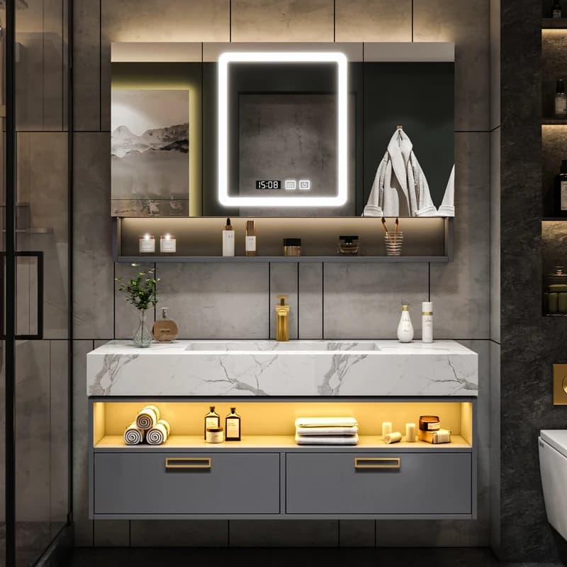 Mobile Bagno in Legno con Lavabo Integrato e Specchio - Stile Moderno e Lusso Leggero