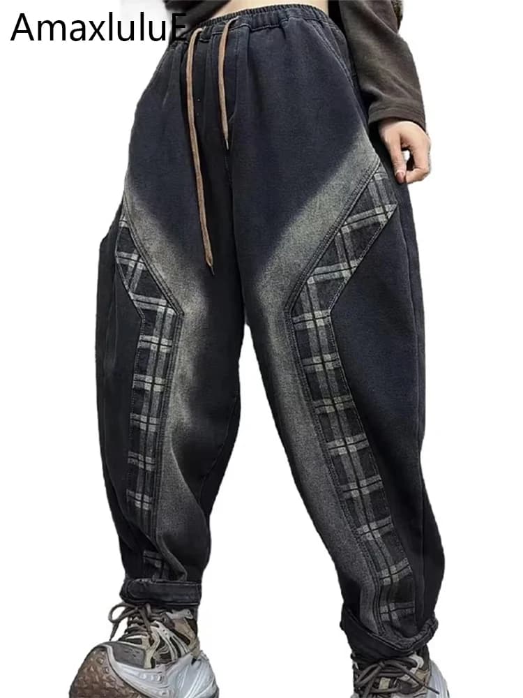 Amax luluE 2024 Plaid Fur Females Winter Denim Pants Vintage Leisure Fashion Jeans Warm Thicken Harem Trouser Elastic Streetwear