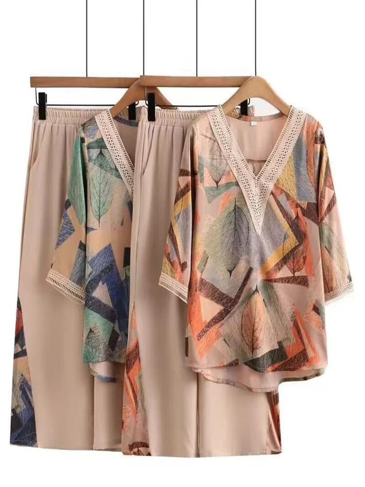 Summer New Style Floral Print Mom Midlife Short Sleeve Women's T-shirt Pants Set V-neck Casual Sportswear Two-Piece Suit