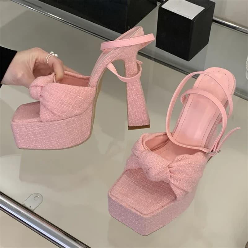 Eilyken Summer Square Toe Buckle Strap Women Sandals Fashion Platform Chunky High Heels Banquet Party Shoes Zapatillas De Mujer