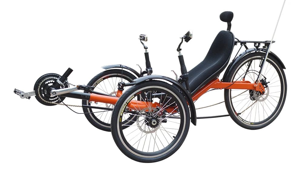 Bicicletta reclinabile pieghevole a tre ruote con sedile in fibra di vetro a gomito