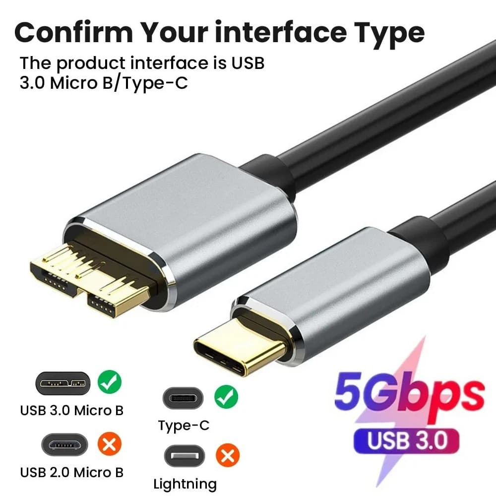 USB C cable to Micro B 3.0 (5 Gbps), type C male to Micro B female, for external hard drive/ SSD (Toshiba,WD,Seagate),MacBook, laptop