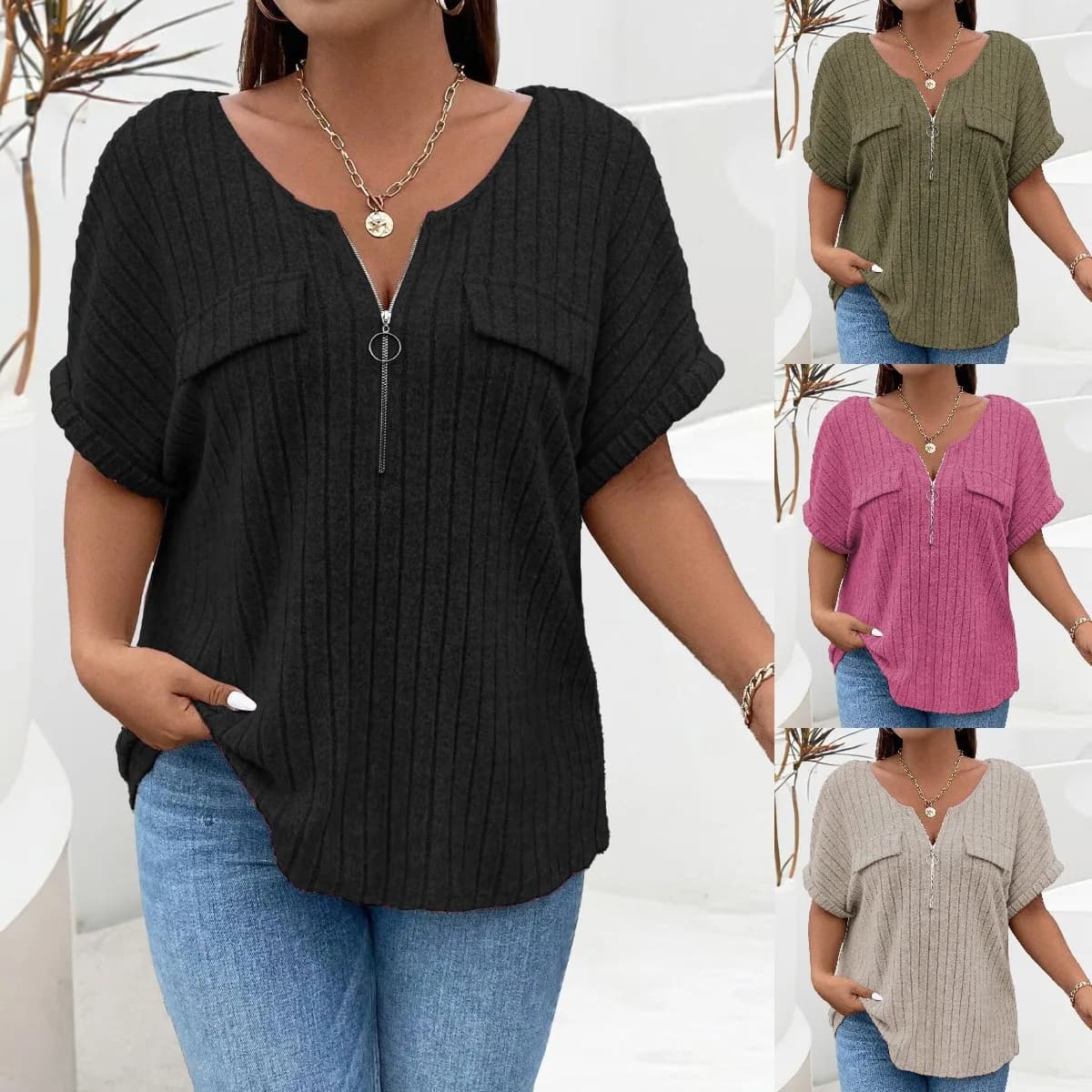 Spring Summer New plus Size Women's T-shirt Zipper Short Sleeve Fake Pocket Hoodie Pure Color Oversized Fit Breathable Cotton