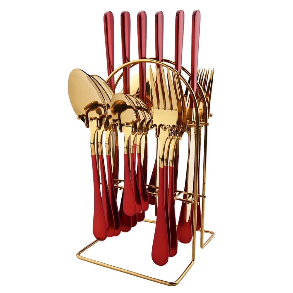 Set of tableware in red gold 24 pieces cutlery in stainless steel cutlery house knife fork spoon Set kitchen cutlery with Rack Set