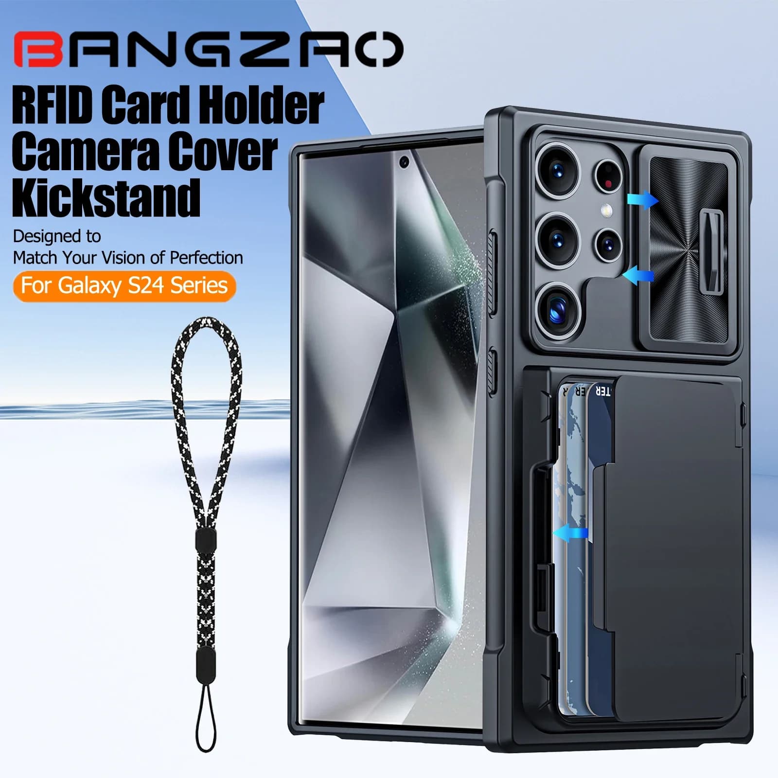 per Galaxy S24 Plus/24 Ultra Portafoglio Cavalletto, Porta carte RFID, Cover per fotocamera, Custodia in silicone antiurto robusta per tutto il corpo-Nero