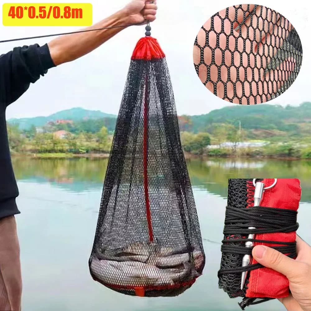 New Foldable Fishing Net Bag Nylon Small Grid Cage Fish Nets Bundle Mouth Fishing Live Fish Basket Mesh Drawstring Portable Bag