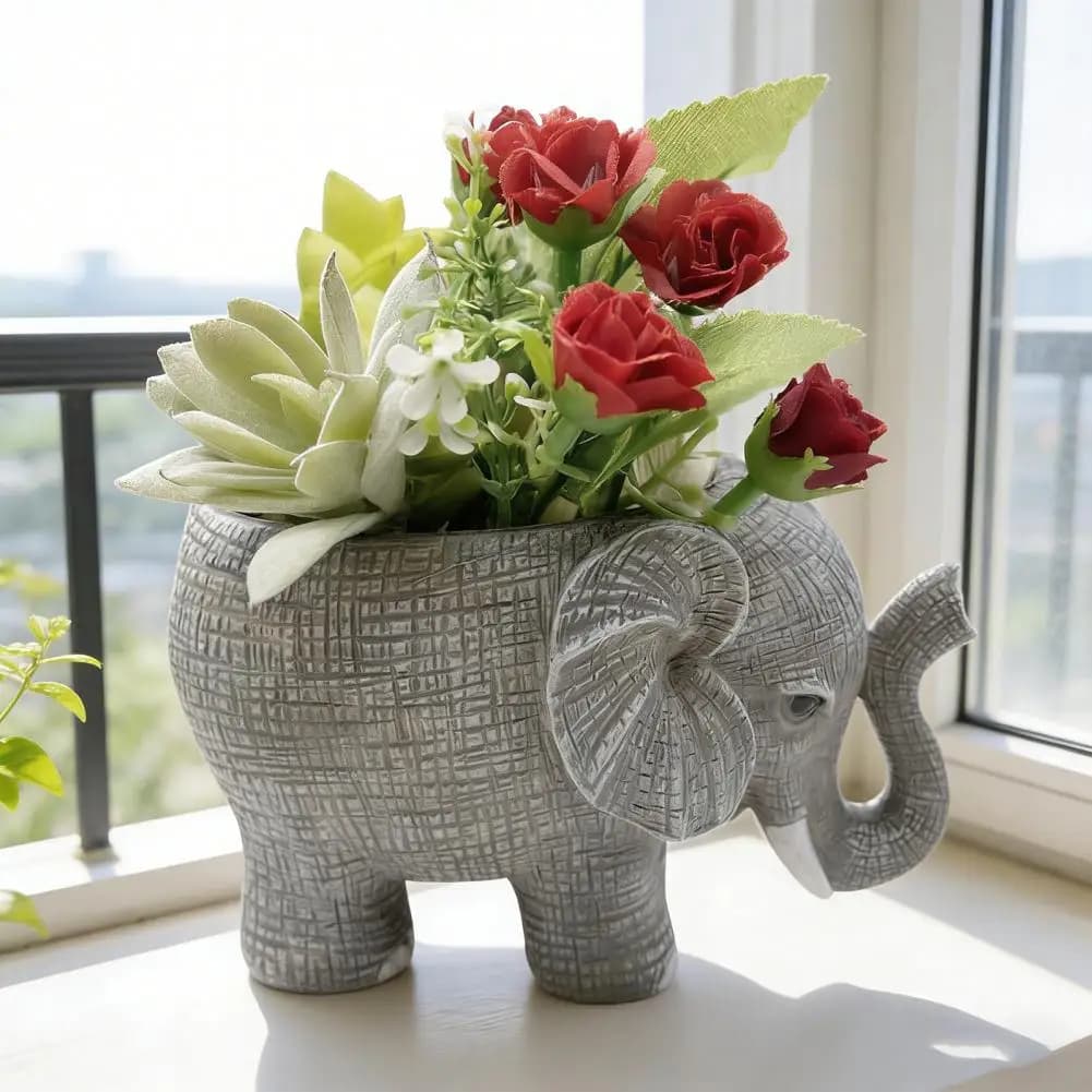 Vaso per Piante a Forma di Elefante in Resina, Grazioso Portafiori per Piante da Interno, Piccolo Vaso per Cactus, Decorazione da Giardino e Scrivania