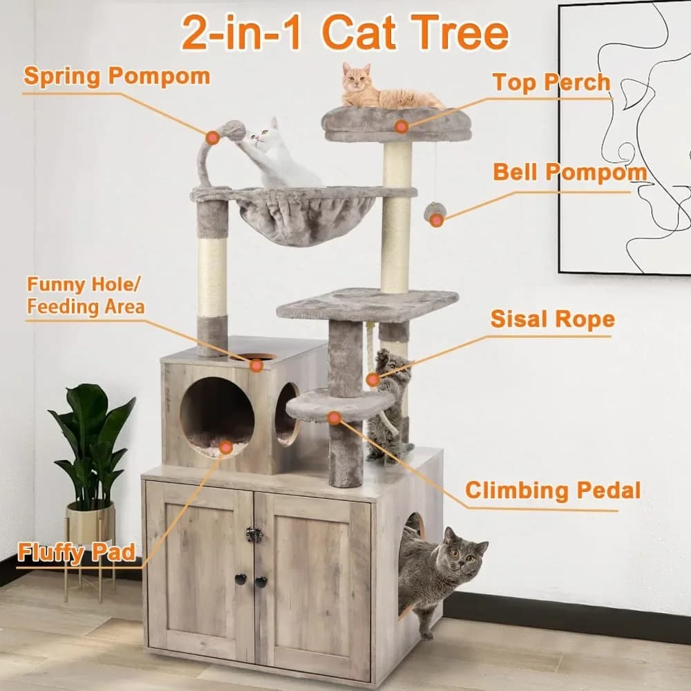 Tiragraffi 2-in-1 con lettiera integrata, ampio condo in legno per gatti da interno, con posti per grattare e pompon