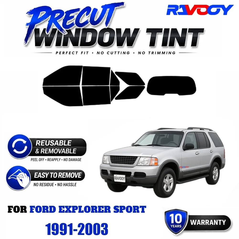 RAVOOY Precut Window Tint, Reusable Removable EPU Film, Custom Fit for Ford Explorer Sport 1991-2003, UV Heat Protection