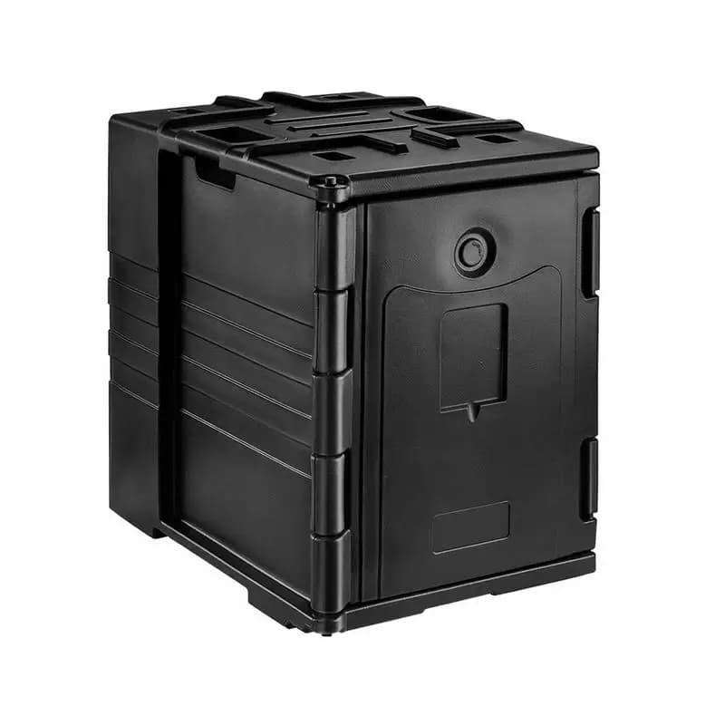 Insulated food container carrier, front loader, catering box, stackable, 77.6 L, black