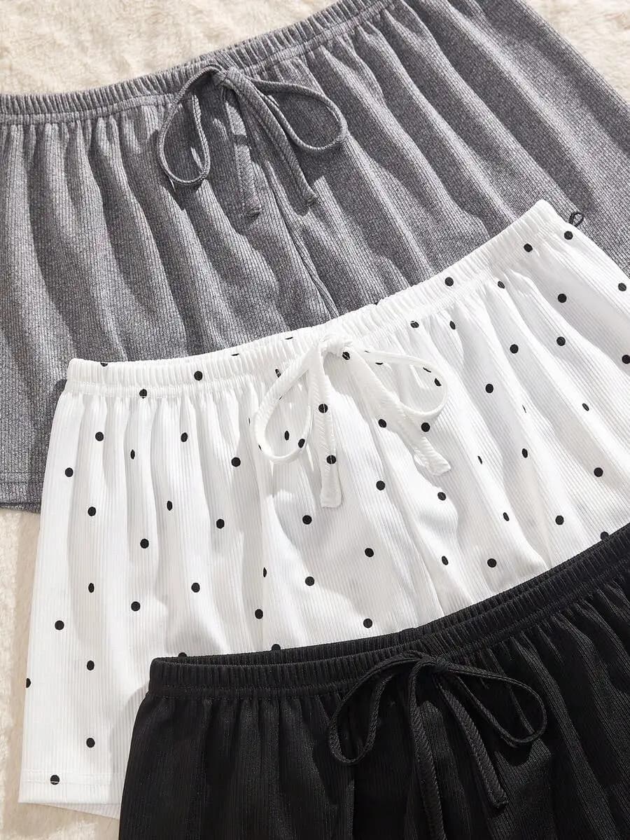3pcs Women Ribbed Knitted Polka Dot Shorts Pajama Set Summer Sleepwear
