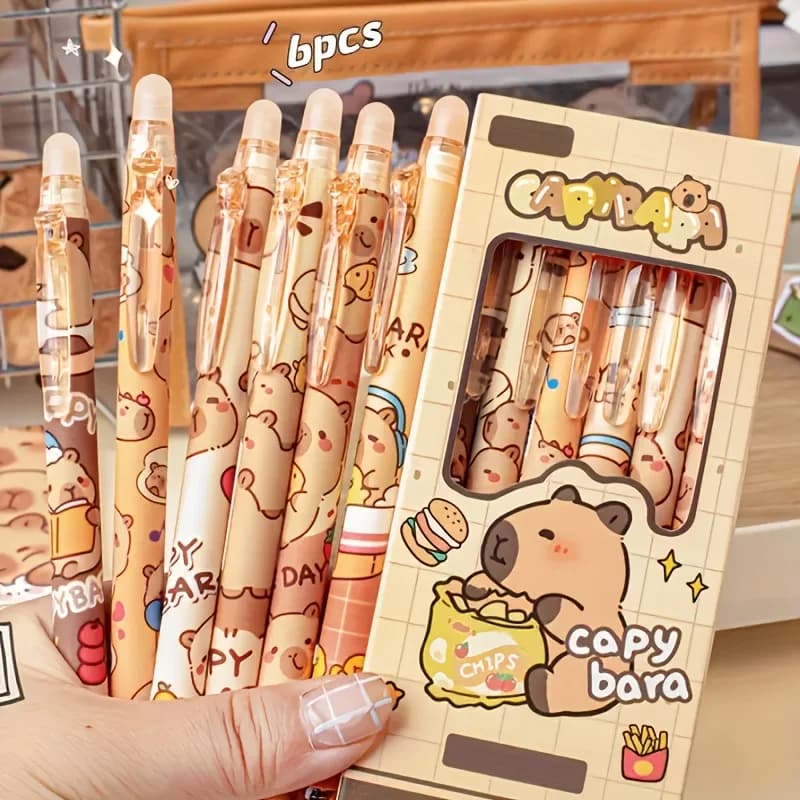 6 pens gels erasable cute capibara | Blue 0.5 mm retractable ink for school and office | Fluid writing and quick drying (6 colors)