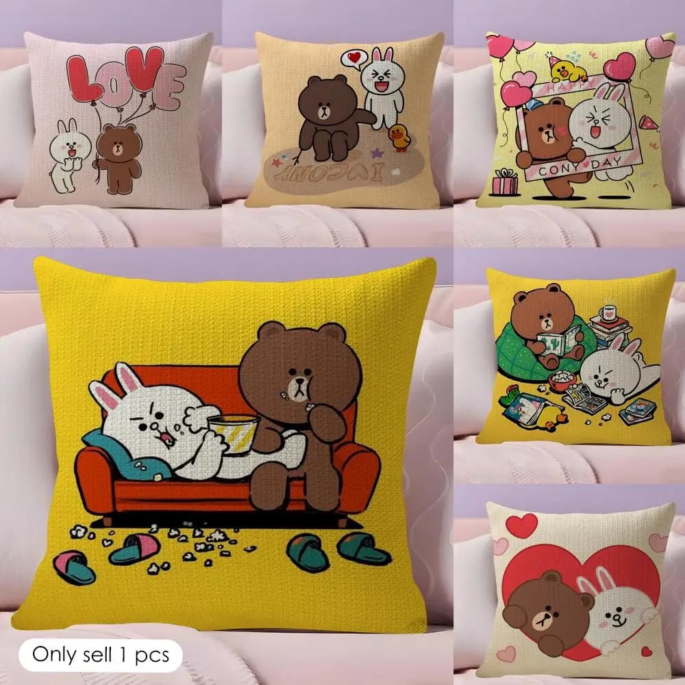 B-Brown Bear and C-Cony Cushion Cover Summer Coolness Linen Fabric Double-Sided Printing Pillow Case Sofa Home Decor Gift