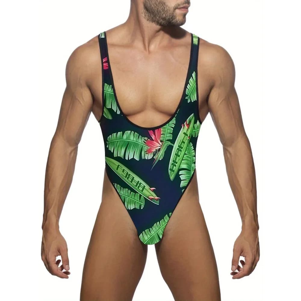 Costume da bagno intero sexy con stampa foglie tropicali da uomo Lingerie Shapewear Gay Man Perizoma Costumi da bagno Abbigliamento da spiaggia Costume da bagno da surf