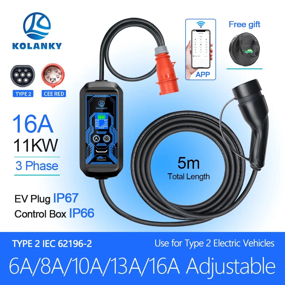 Kolanky EV Charger 16A 11KW 3P Tuya App Set tempo di ricarica Timer tipo 2 IEC-62169 veicolo elettrico Hybrid EU Tesla Car Cable 5M