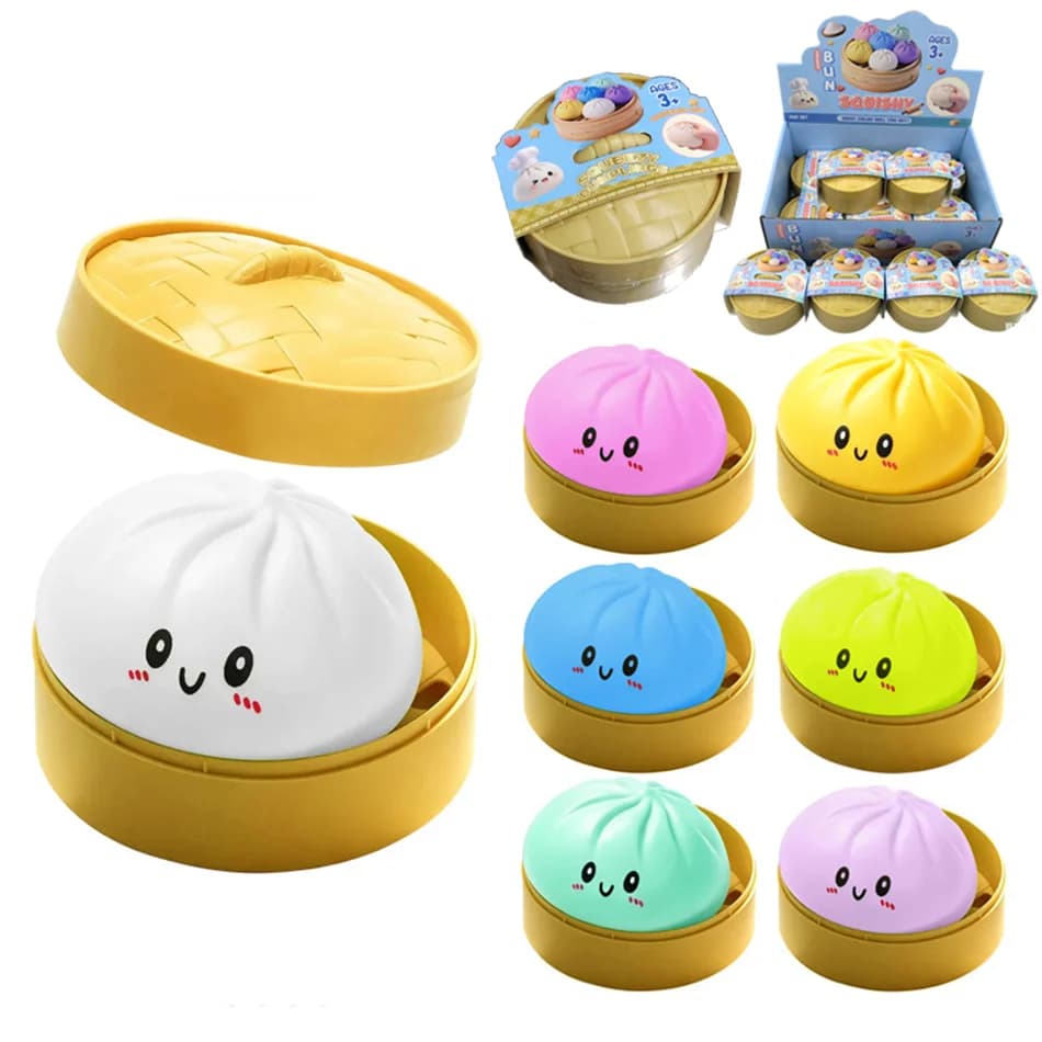 Colorful Dumpling Squishes Stress Balls Fidget Sensory Toys Simulation Food Squishies Bun with Steamer Squeeze Dough Ball Toys