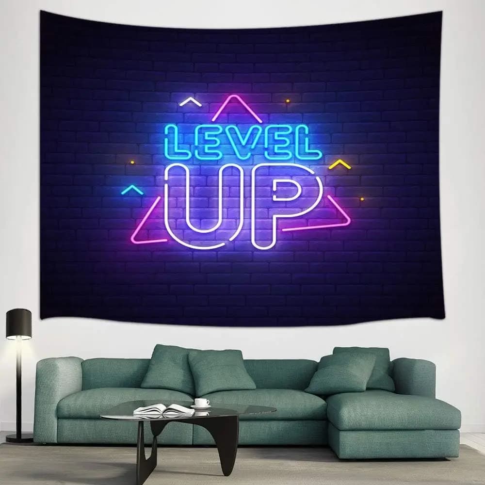 Level Up Neon Gaming Tapestry, Brick Wall Background with Glowing Sign Wall Hanging for Boys Bedroom, Gamer Room and Party Decor