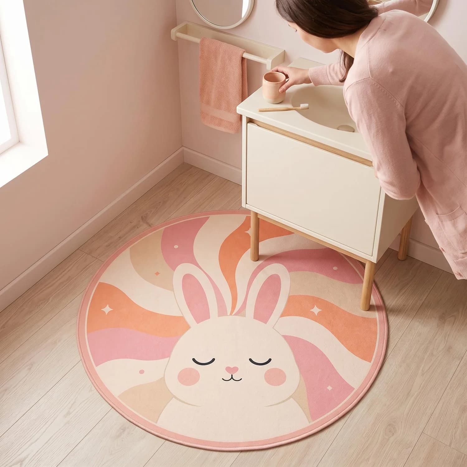 Rabbit Round Bath Mat, Blush Pink Sunburst Pattern, Baby Room Bathroom Decor