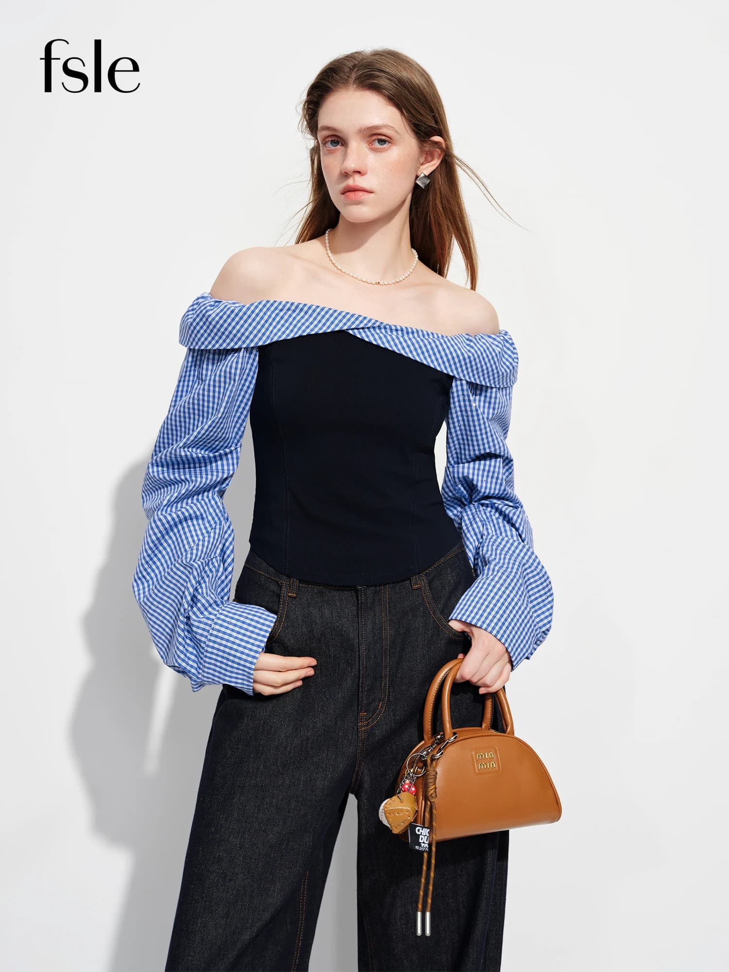 Camicetta FSLE 2026 Primavera da Donna Blu a Quadretti con Spalle Scoperte - Elegante Top a Maniche Lunghe con Colletto Arricciato per Ufficio e Pendolarismo