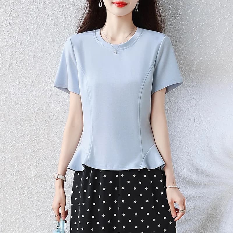Slim Fit Ice Silk T-Shirt round Neck Short Sleeve Women's Fashionable Summer New Style Waist Cinching Meat Concealing Base Shirt