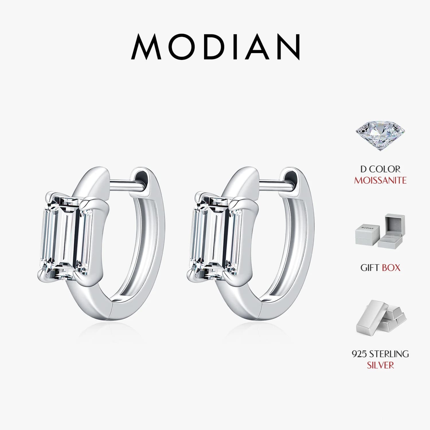 MODIAN 0.8CT Moissanite Ear Buckle 925 Sterling Sliver Simple Rectangle Lab Diamond Hoop Earrings For Women OL Fine Jewelry