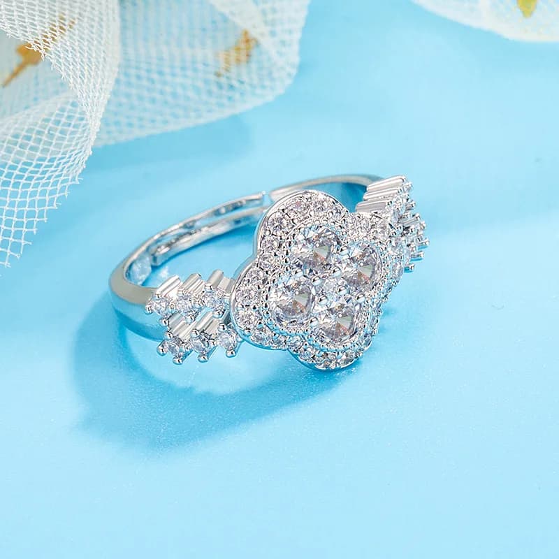 Exquisite High-quality 925 Silver Plated-Micro-set Four-petal Flower Hollow-cut Zirconia Ring- Adjustable Opening Luxury Jewelry