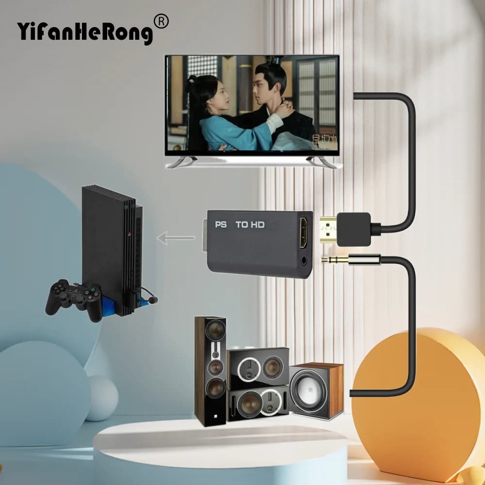 Convertitore Audio Video da PS2 a HDMI, Adattatore per Console di Gioco a Monitor HDTV, Connettore Protettivo per Display, Accessori