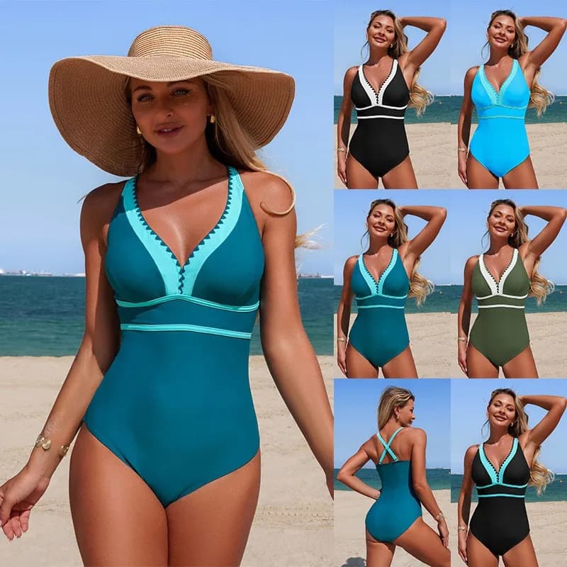 Costume da bagno da donna con scollo a V, turchese, con bordo a contrasto nero, monokini a vita alta con spalline regolabili