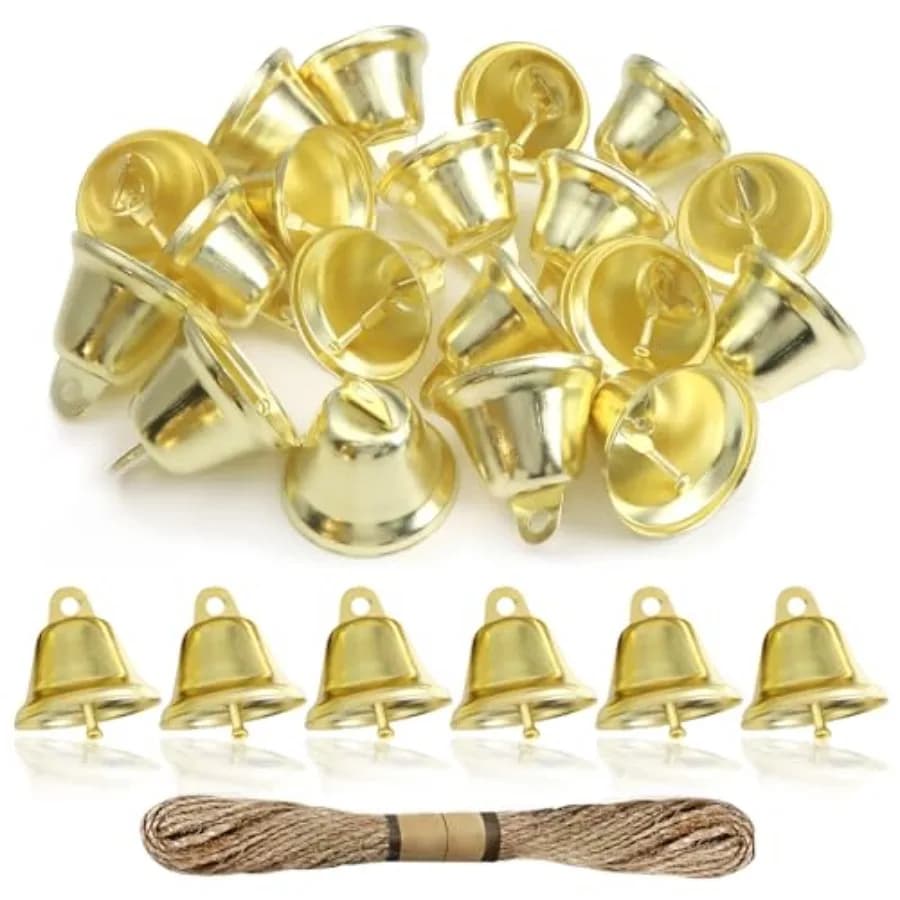 TOAOB 20pcs Craft Bells Gold Vintage Jingle Bells Tiny 1.7x1.5 inch with 1 Roll Hemp Rope for Hanging Wind Chime Making Dog Tra