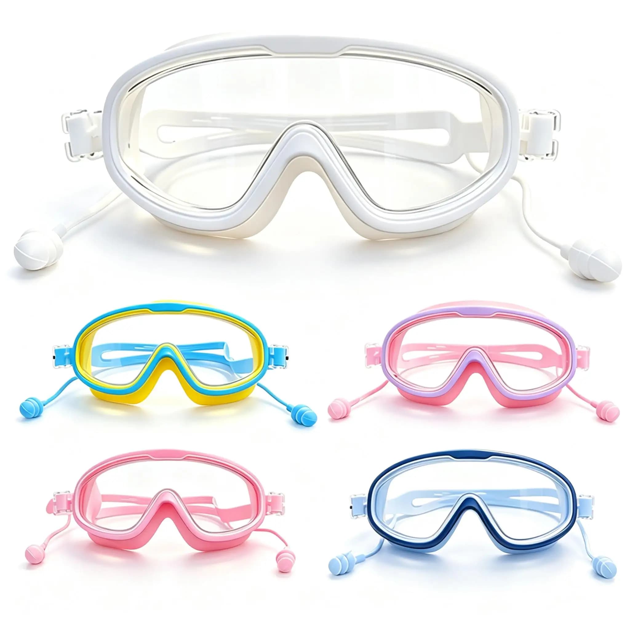 Large Frame Kids Swim Goggles Built‑in Earplugs Silicone Seal Comfort Fit for Kids Surfing Pool Party Seaside