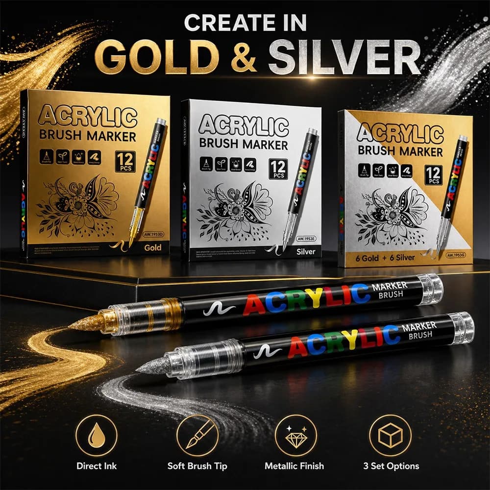 12Pcs Black and White/Gold and Silver Colors Markers Set, Brush Acrylic Paint Markers Large Ink Capacity Pen Permanent Marker