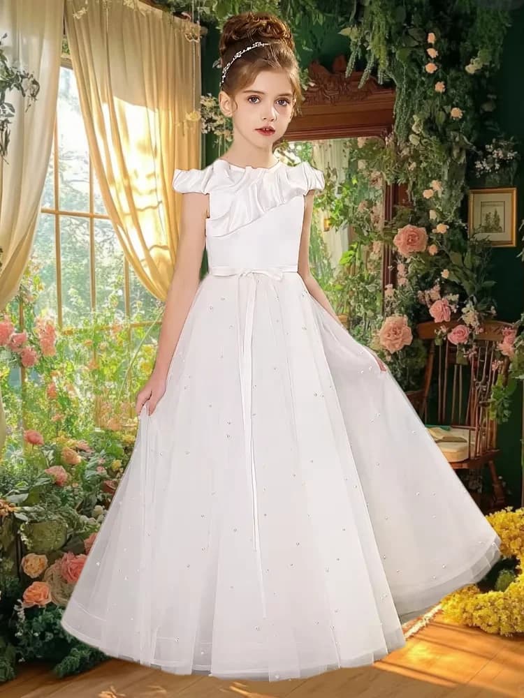 LOvel Piccola principessa Abito da ragazza di fiori Tulle Matrimonio Abiti da festa da damigella d'onore Abito da spettacolo di bellezza per compleanno per bambini decorato con perle