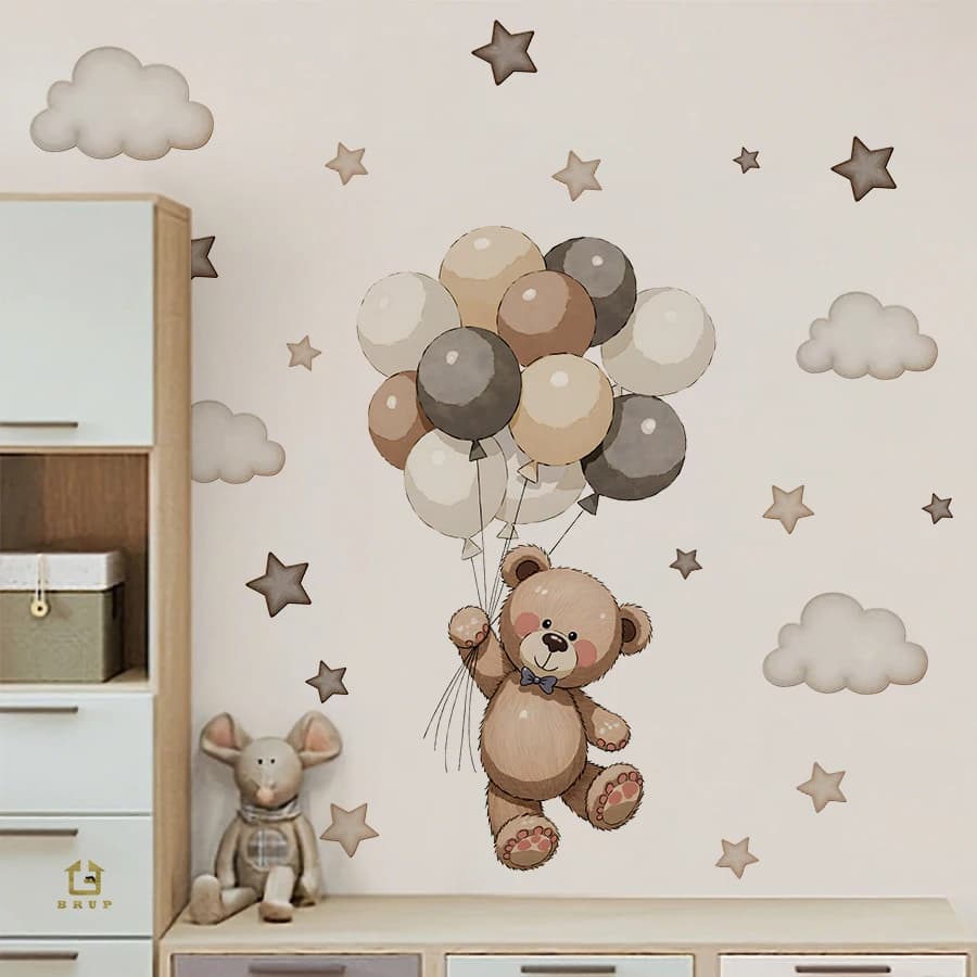 Lovely wall stickers with teddy bear, removable decorations with balloons, stars and clouds for children's room, games room, nursery