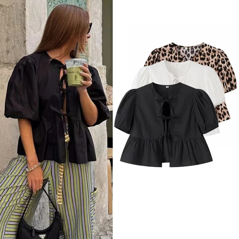 HXAO Camicia da donna Estate 2024 Camicie e camicette Camicia leopardata bianca nera con volant Camicette larghe con lacci a maniche corte