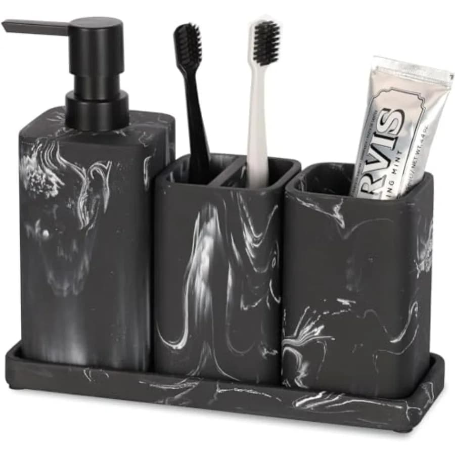Set di Accessori per il Bagno 4 Pezzi con Motivo Marmorizzato, Dispenser di Sapone, Portaspazzolino, Bicchiere e Portasapone per Bagno Moderno