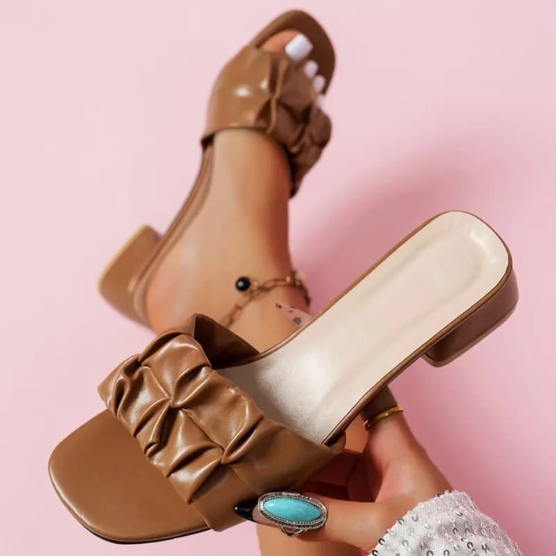 2025 nuove donne estate pantofole con tacco grosso moda pieghe punta quadrata sandali da donna sandali eleganti casual da donna