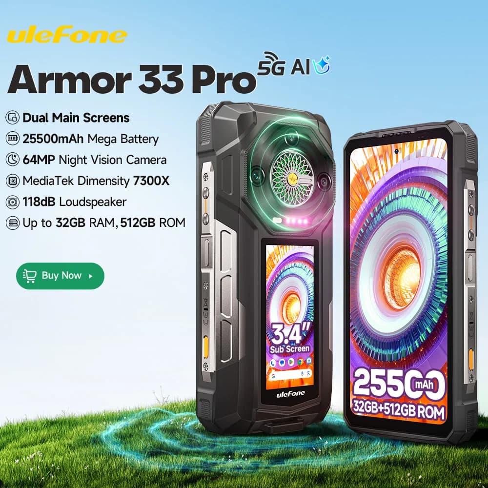 【Anteprima mondiale】Ulefone Armor 33 Pro 5G Telefono robusto 25500 mAh Fino a 32 GB di RAM 512 GB di ROM 120 Hz 6,59" + 3,4" Schermo posteriore Smartphone Android NFC
