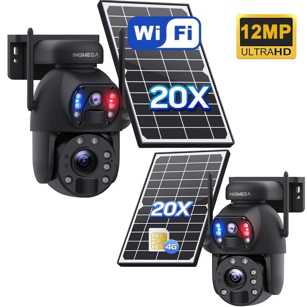 INQMEGA 20X ZOOM Telecamera solare 4G SIM 12MP da esterno 360 ° Telecamere di sicurezza wireless con batteria WIFI con pannello solare PIR Night Vision