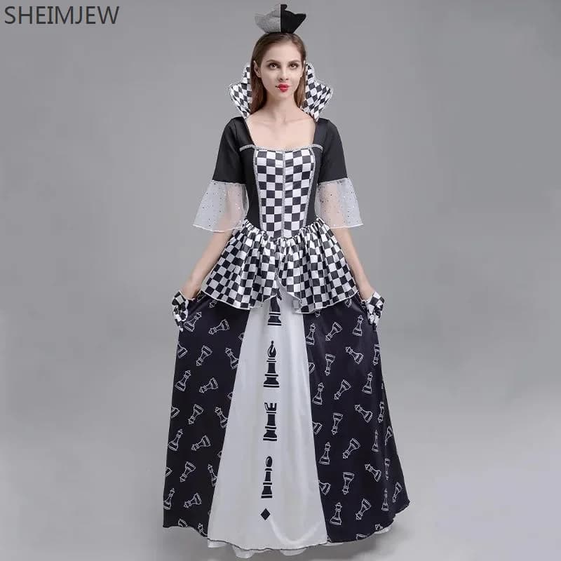 AAHalloween Carnival Party Alice In Wonderland Chess Board Queen Role Play Costume Set Black And White Chess Piece Dress Up Gown