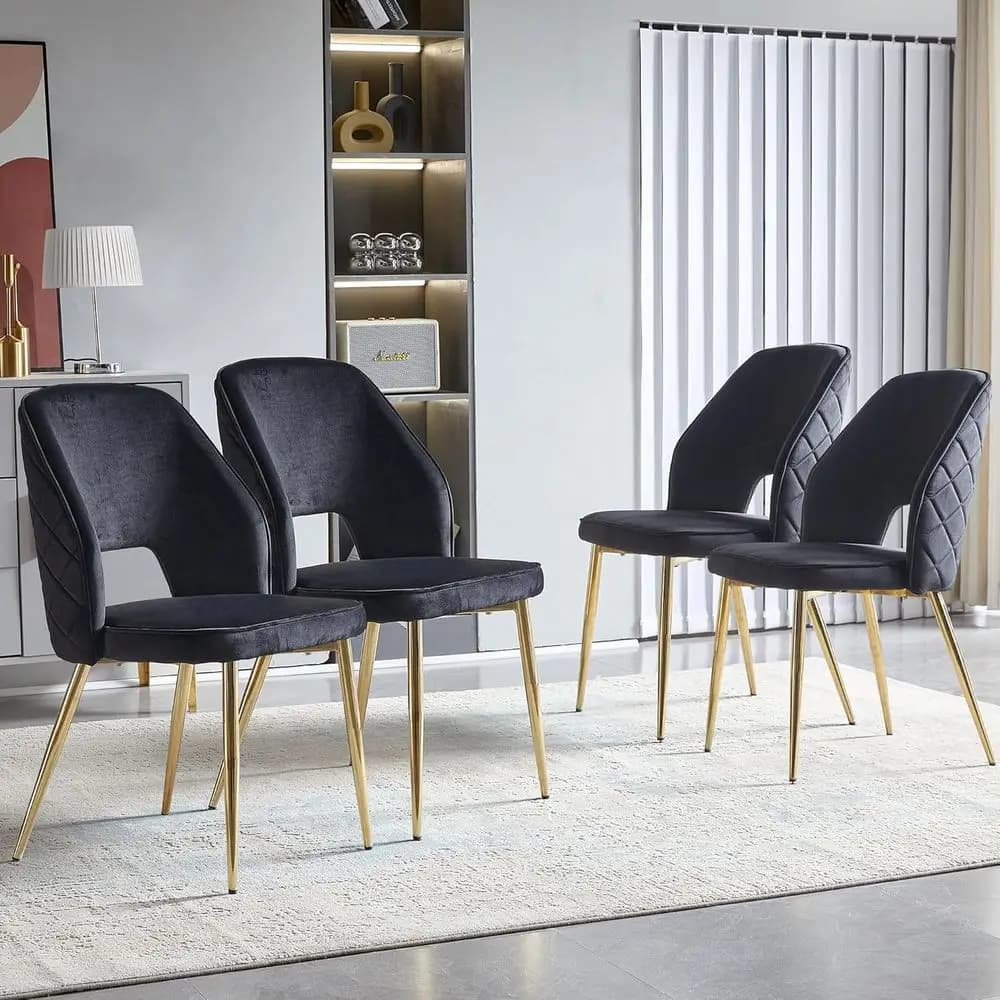 Set di 4 Eleganti Sedie da Pranzo in Velluto Nero con Gambe Dorate e Cuscini Spessi