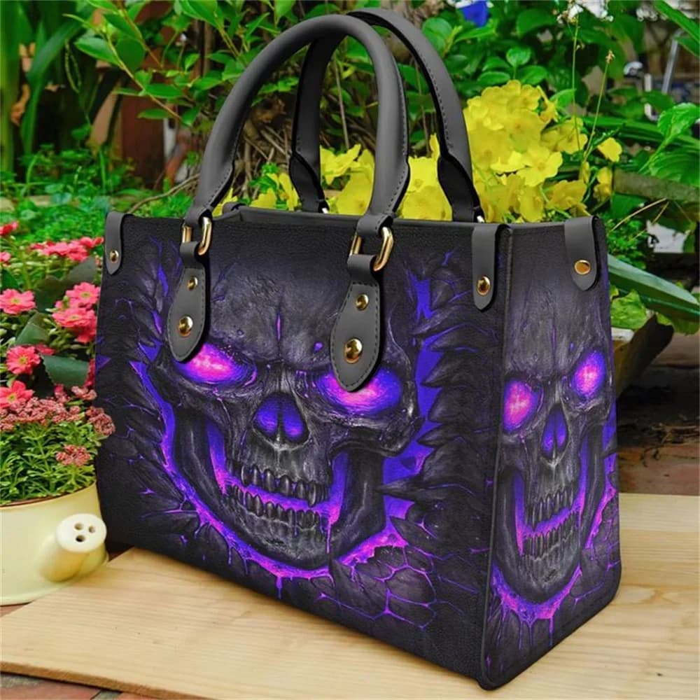 Borsa a mano in pelle viola con teschio da donna, piccola, casual, di lusso, a tracolla, a spalla, con manico superiore