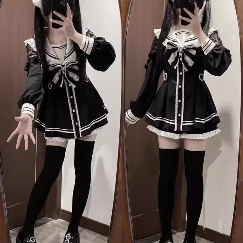 Jirai Kei Black Seaman's Dress Lace Patchwork Slim fit Dresses Japanese Sweet Interior Shorts JK School Uniform Set for Women and Girls